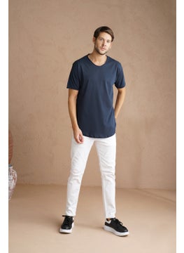 Cool Tarz Cool Style Navy Blue Men's Oval Cut Slim Fit Sloppy Collar Casual T-Shirt  - Image 4
