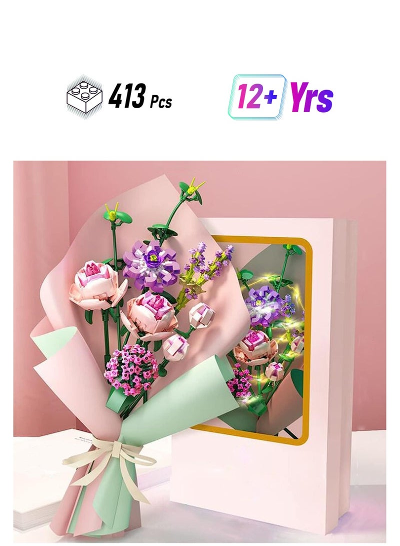 SYOSI طقم بناء باقة زهور الورد، زهور صناعية فريدة مع ضوء LED، ورق تغليف وبطاقة، طقم باقة زهور إبداعي DIY، هدايا مثالية للنساء البالغات والأطفال في عيد الميلاد 413 قطعة - Image 1