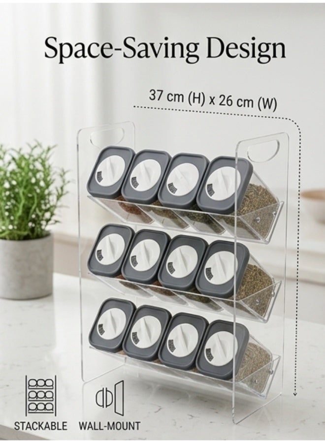 Acrylic Spice Rack Organizer with 12 x 200ml Seasoning Jars and 3-Tier Storage Stand (37 × 26 cm) – Rotating Lids with 3 Adjustable Pour Settings for Herbs, Salt, Pepper & Seasonings, Space-Saving Kitchen Counter Organizer, Easy Refill & Cleaning, Ideal for Home, Restaurant & Café Use - Clear - Image 2