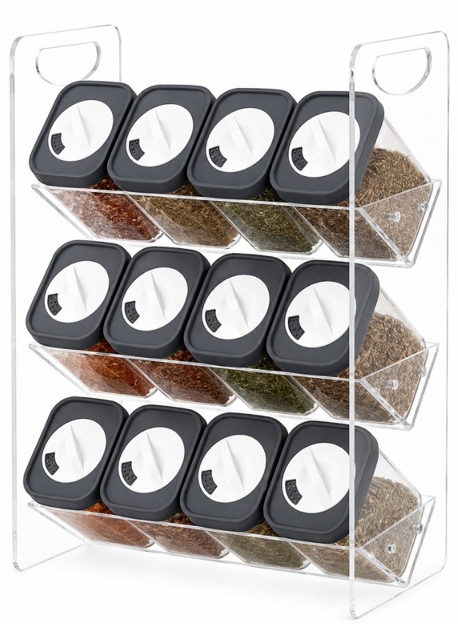 Acrylic Spice Rack Organizer with 12 x 200ml Seasoning Jars and 3-Tier Storage Stand (37 × 26 cm) – Rotating Lids with 3 Adjustable Pour Settings for Herbs, Salt, Pepper & Seasonings, Space-Saving Kitchen Counter Organizer, Easy Refill & Cleaning, Ideal for Home, Restaurant & Café Use - Clear - Image 1