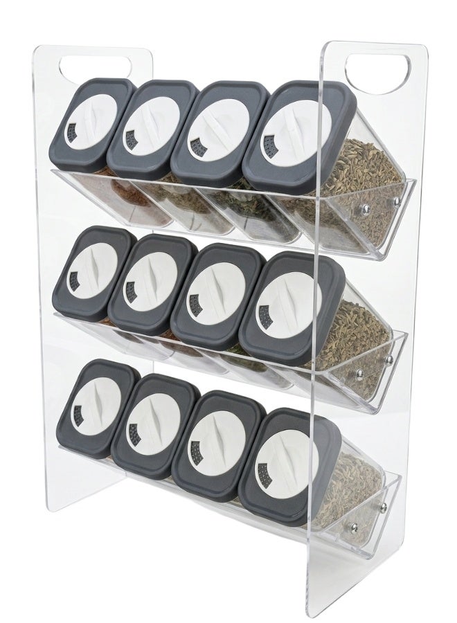 Acrylic Spice Rack Organizer with 12 x 200ml Seasoning Jars and 3-Tier Storage Stand (37 × 26 cm) – Rotating Lids with 3 Adjustable Pour Settings for Herbs, Salt, Pepper & Seasonings, Space-Saving Kitchen Counter Organizer, Easy Refill & Cleaning, Ideal for Home, Restaurant & Café Use - Clear - Image 5