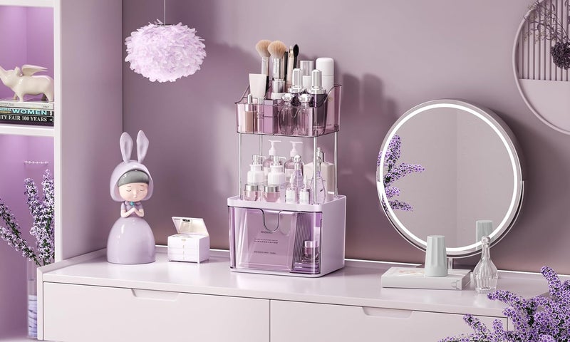 Dravina 3-Tier Makeup Organizer Storage Box | Vanity Tray for Cosmetics, Skincare Organizers, Stationery & Countertop Storage | Bathroom & Dressing Table Organizer, Ideal Gift for Women, Purple, 35cm - Image 1