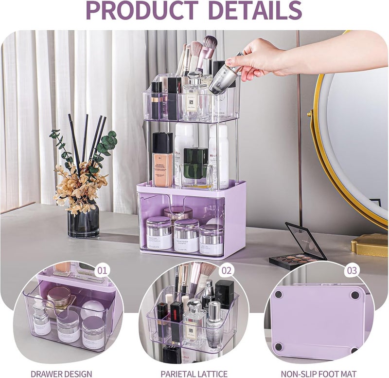 Dravina 3-Tier Makeup Organizer Storage Box | Vanity Tray for Cosmetics, Skincare Organizers, Stationery & Countertop Storage | Bathroom & Dressing Table Organizer, Ideal Gift for Women, Purple, 35cm - Image 4