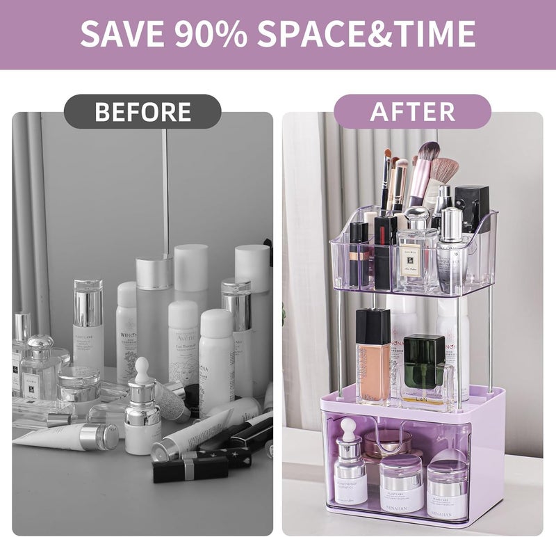 Dravina 3-Tier Makeup Organizer Storage Box | Vanity Tray for Cosmetics, Skincare Organizers, Stationery & Countertop Storage | Bathroom & Dressing Table Organizer, Ideal Gift for Women, Purple, 35cm - Image 3