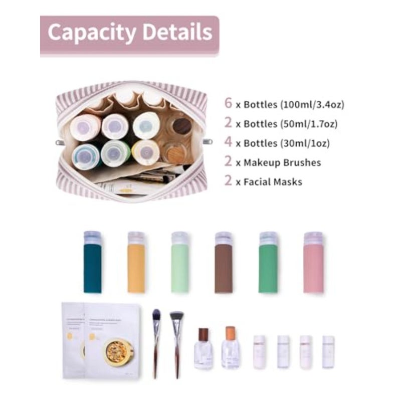 Narwey Striped Makeup Bag Travel Cosmetic Bag Organizer Toiletry Bag Make Up Bags with Compartments for Women Girls,Dusty Rose Stripe - Image 3