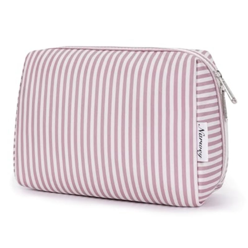 Narwey Striped Makeup Bag Travel Cosmetic Bag Organizer Toiletry Bag Make Up Bags with Compartments for Women Girls,Dusty Rose Stripe - Image 1