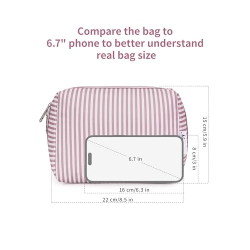 Narwey Striped Makeup Bag Travel Cosmetic Bag Organizer Toiletry Bag Make Up Bags with Compartments for Women Girls,Dusty Rose Stripe - Image 4