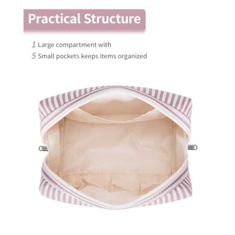 Narwey Striped Makeup Bag Travel Cosmetic Bag Organizer Toiletry Bag Make Up Bags with Compartments for Women Girls,Dusty Rose Stripe - Image 2