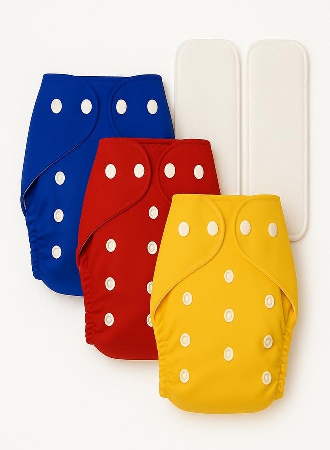 Kritiu Reusable Cloth Baby Diapers with Insert Pads | Soft & Washable Cotton Nappies | Adjustable & Leak Proof | Newborn to Toddler | 3 Diapers + 2 Insert Pads - Image 1