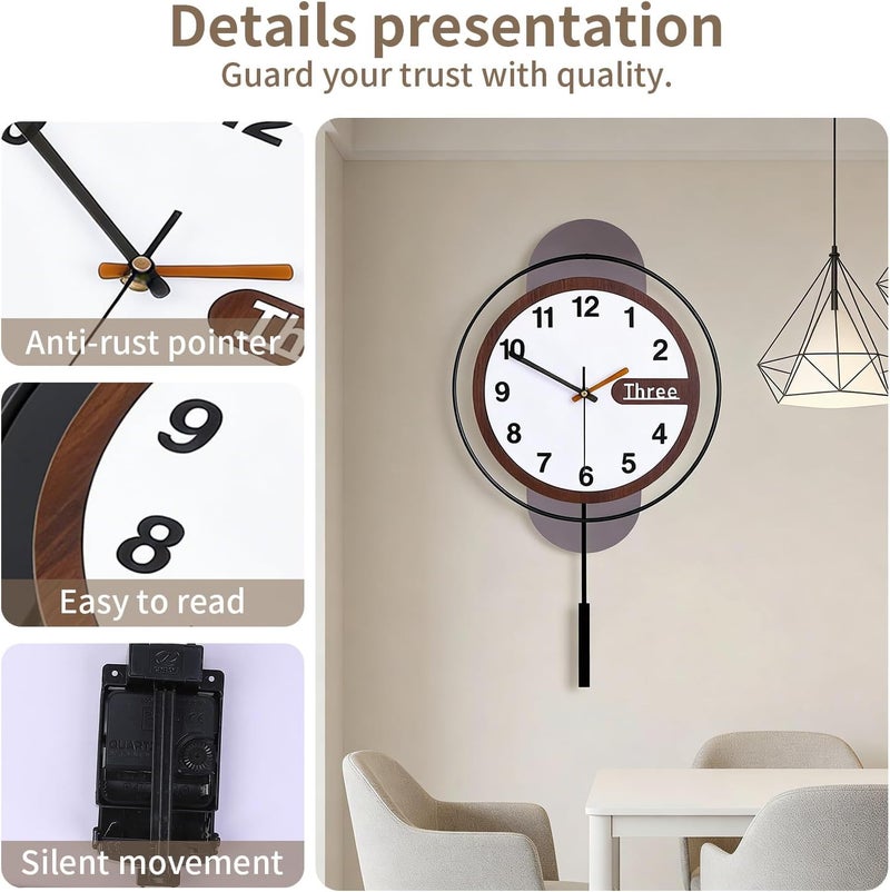Dankeit Modern Wall Clock with Oak Wood Dial and Silent Movement,12.6x22.8 Inch Acrylic Large Contemporary Decorative Pendulum Clock for Living Room,Bedroom,Kitchen,Office (Black/White) - Image 3