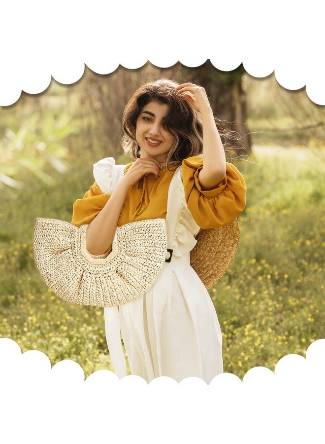 كيو تي كي جي حقيبة يد من الروطان، حقيبة شاطئ منسوجة نصف دائرية للنساء - حقيبة يد مصنوعة يدويًا من الروطان للسفر اليومي في العطلات (بيج) - Image 4