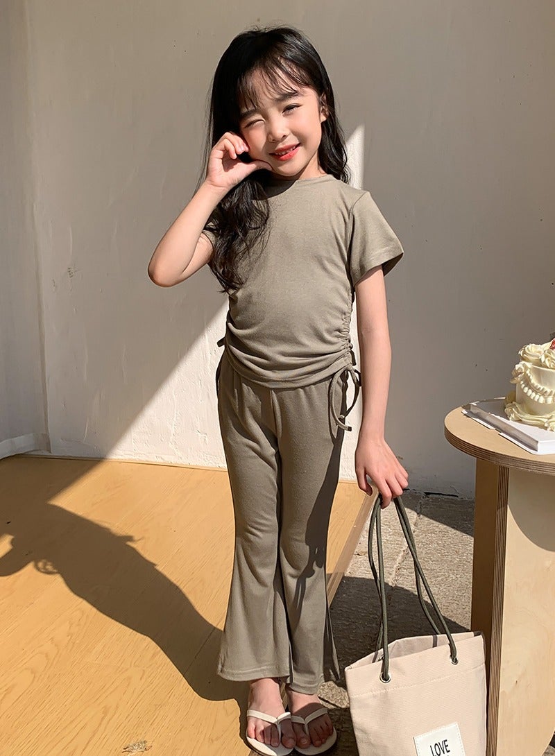 Loquat Girls Solid Color Set Short Sleeve Drawstring T-shirt And Flared Pants Summer Casual Set Army Green  - Image 1