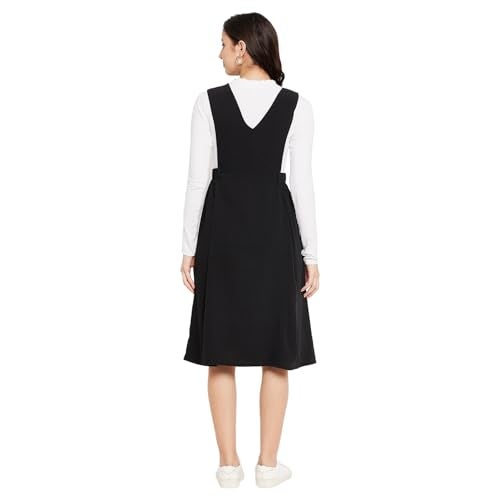 WineRed Women Black Soild Pinafore Dress with Button - Image 5