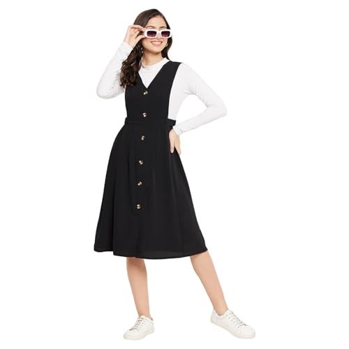 WineRed Women Black Soild Pinafore Dress with Button - Image 2