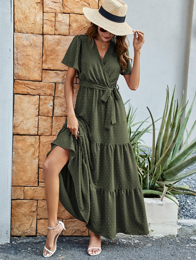 MASCOMODA Women Boho Swiss Dot Maxi Dresses Wrap V Neck Flutter Short Sleeve Solid Tie Waist A Line Tiered Flowy Long Dress(Army Green,XX-Large) - Image 2