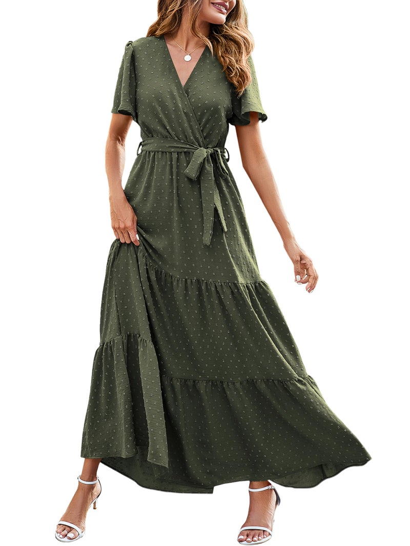 MASCOMODA Women Boho Swiss Dot Maxi Dresses Wrap V Neck Flutter Short Sleeve Solid Tie Waist A Line Tiered Flowy Long Dress(Army Green,XX-Large) - Image 1