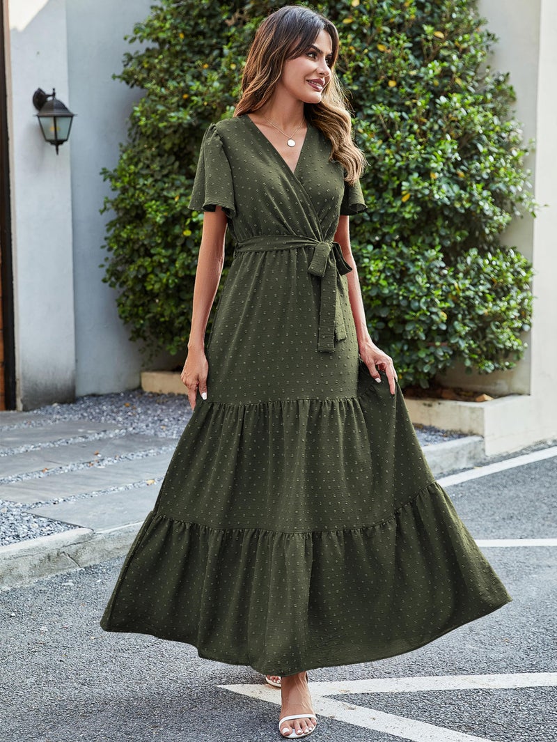 MASCOMODA Women Boho Swiss Dot Maxi Dresses Wrap V Neck Flutter Short Sleeve Solid Tie Waist A Line Tiered Flowy Long Dress(Army Green,XX-Large) - Image 4