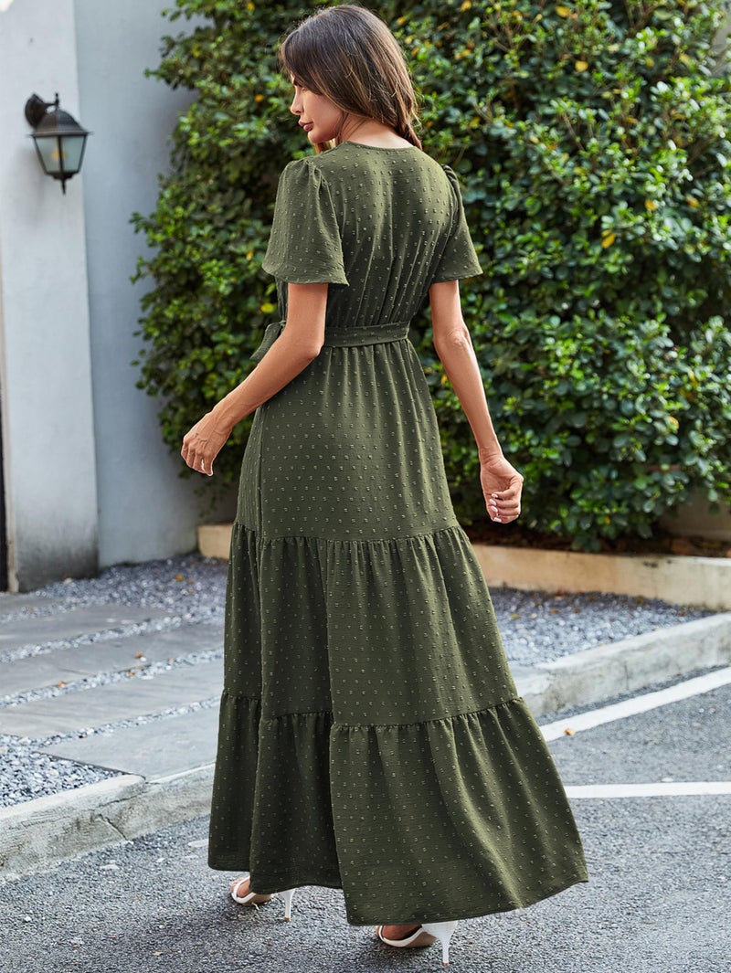 MASCOMODA Women Boho Swiss Dot Maxi Dresses Wrap V Neck Flutter Short Sleeve Solid Tie Waist A Line Tiered Flowy Long Dress(Army Green,XX-Large) - Image 5