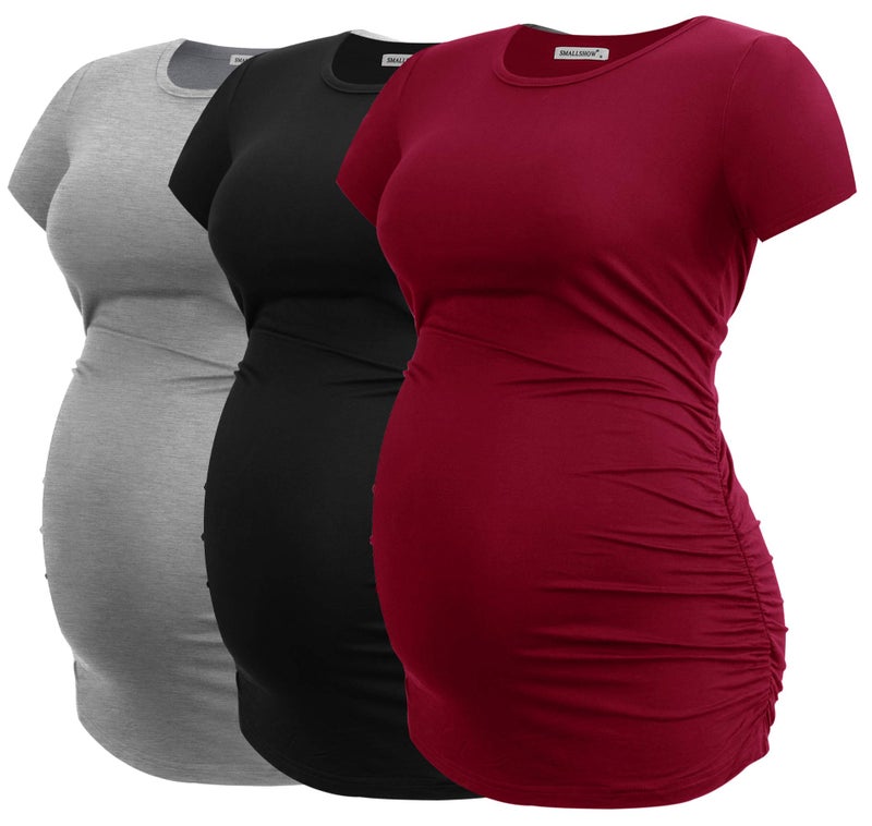 Smallshow Women's Maternity Shirt Side Ruched Tunic Pregnancy Top Clothes 3-Pack Black/Light Grey/Wine Large