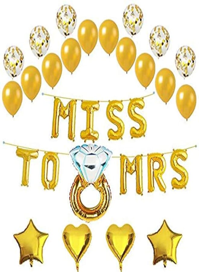 Secret 16 Inch Gold Miss to Mrs Foil Balloons , Gold Confetti Balloons ,Latex Balloons ,Hearts ,Stars ,Diamond Ring,30 Count ,Wedding ,Bachelorette ,Bridal Shower ,Engagement Party (Gold)