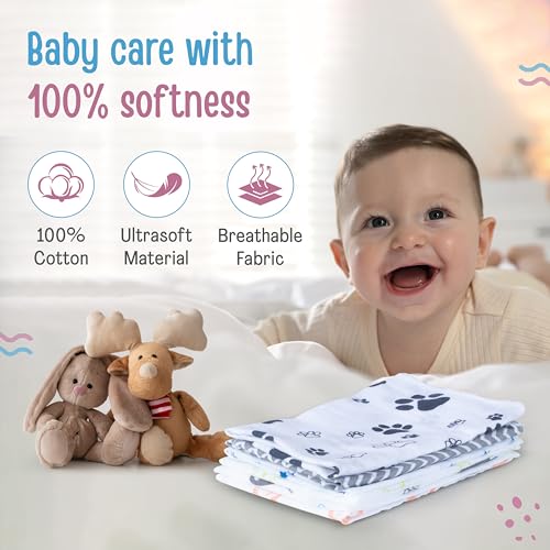 Luv Lap LuvLap Muslin Cotton Cloth Premium Baby Washcloth for New Born, Washable (22 cm x 22 cm) Reusable, Absorbent, Extra Soft Face Towels/Washcloth for Babies, Stars, Balloons Print, Pack of 6, Multicolour - Image 2