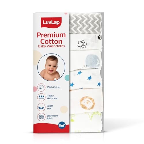 Luv Lap LuvLap Muslin Cotton Cloth Premium Baby Washcloth for New Born, Washable (22 cm x 22 cm) Reusable, Absorbent, Extra Soft Face Towels/Washcloth for Babies, Stars, Balloons Print, Pack of 6, Multicolour - Image 1