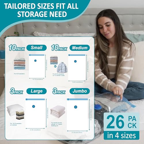Cozy Essential 26 Pack Vacuum Storage Bags with Portable Electric Pump, Vacuum Seal Space Saver Bags for Clothing, Pillows, Blanket, Bedding, Comforters - Image 4