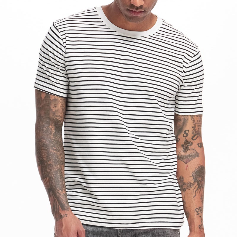 VEIISAR Men's Crewneck Striped T-Shirt Vintage Casual Cotton Tees Tops 311 White M - Image 1