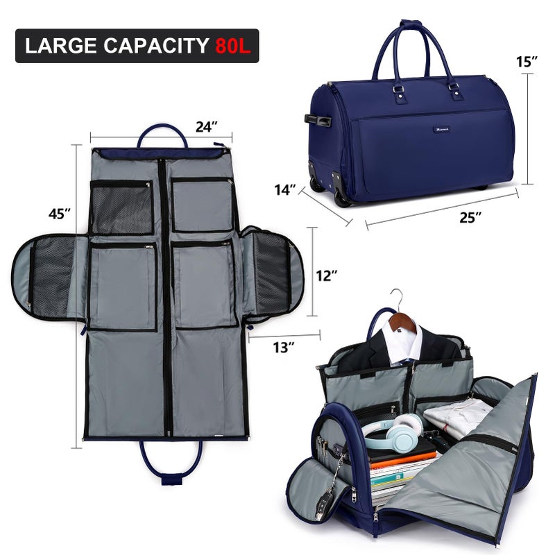 Modoker Rolling Garment Bags, Large Garment Duffle Bag with Wheels, 3 in 1 Garment Suit Luggage Bag for Women Men Business Travel Weekender, Blue - Image 2