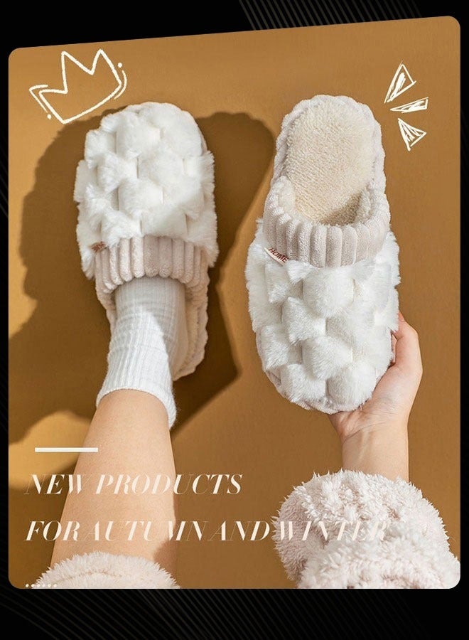 Joychic نعال نسائية مسطحة منزلية لفصل الخريف والشتاء من القطن دافئة مقاومة للرياح قابلة للتنفس مضادة للانزلاق للنساء باللون الأبيض - Image 1