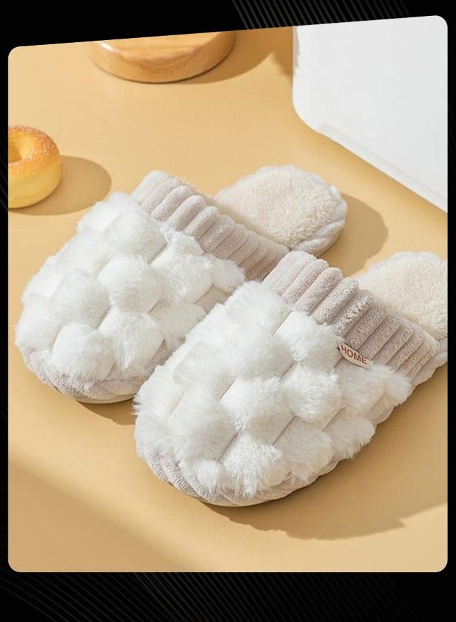 Joychic نعال نسائية مسطحة منزلية لفصل الخريف والشتاء من القطن دافئة مقاومة للرياح قابلة للتنفس مضادة للانزلاق للنساء باللون الأبيض - Image 3