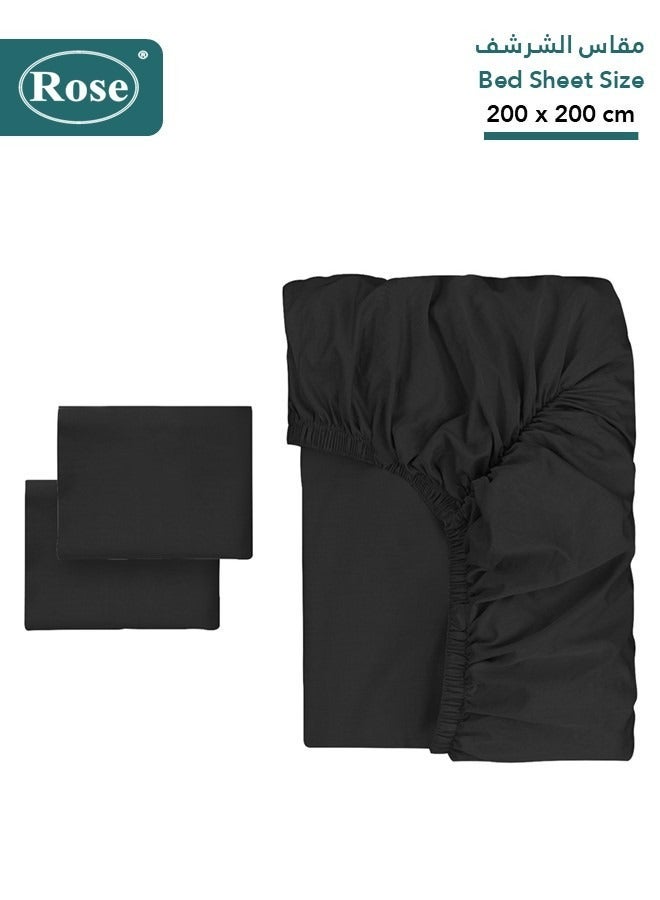 Rose Luxurious Plain Fitted Sheet with Deep Pockets and Pillow Cases, Bed Sheet 3-Pieces Set, Soft & Cozy Microfiber Breathable and Cooling, King Size 200x200+38 cm, Black - Black - Image 2