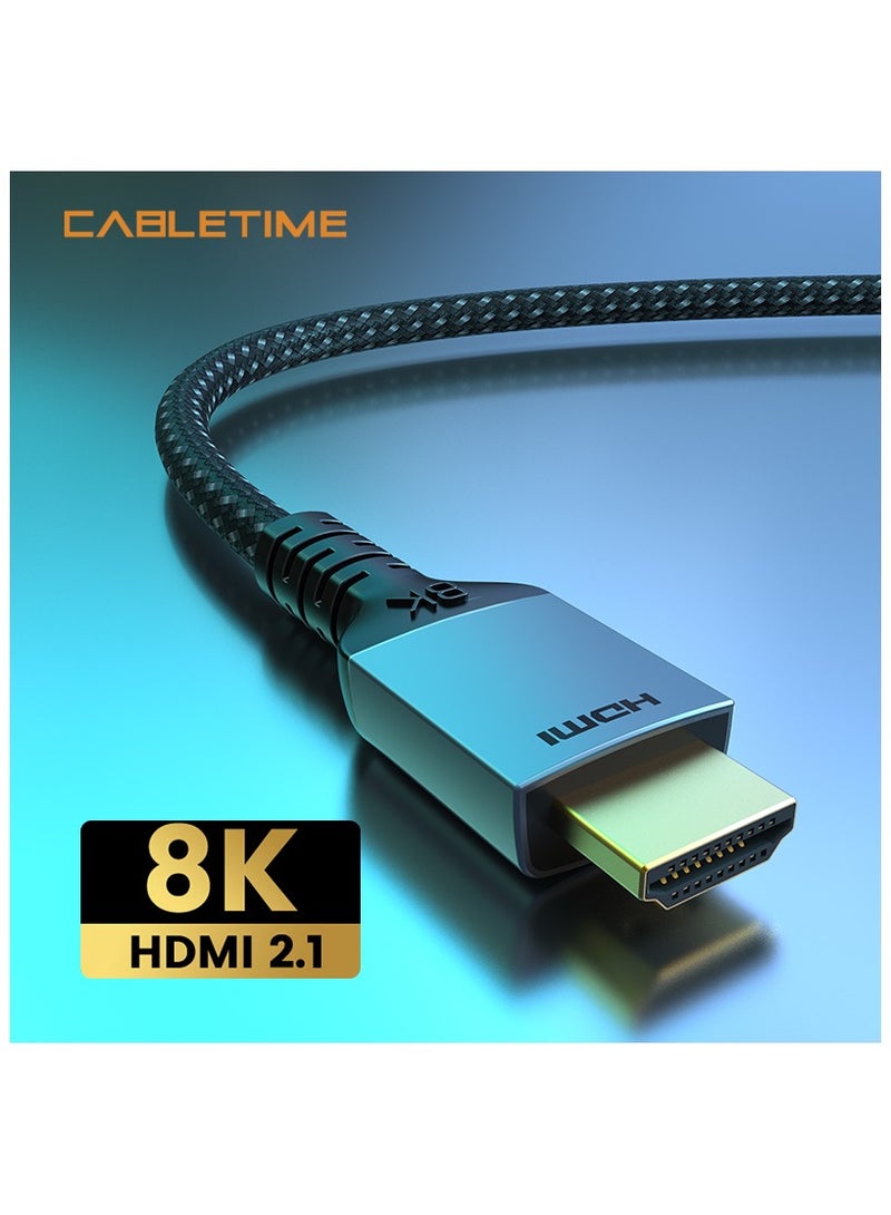 كابل تايم كابل HDMI 2.1 فائق السرعة من CABLETIME بدقة 8K، بسرعة 48 جيجابت (3 Meters) في الثانية، مع تغليف مضفر من النايلون، يدعم eARC، HDR، Dolby Vision، صوت محيط 7.1، CEC، EDID، HDCP 2.2، DTS-HD Master Audio وDolby Atmos، ضمان لمدة سنتين. - Image 2