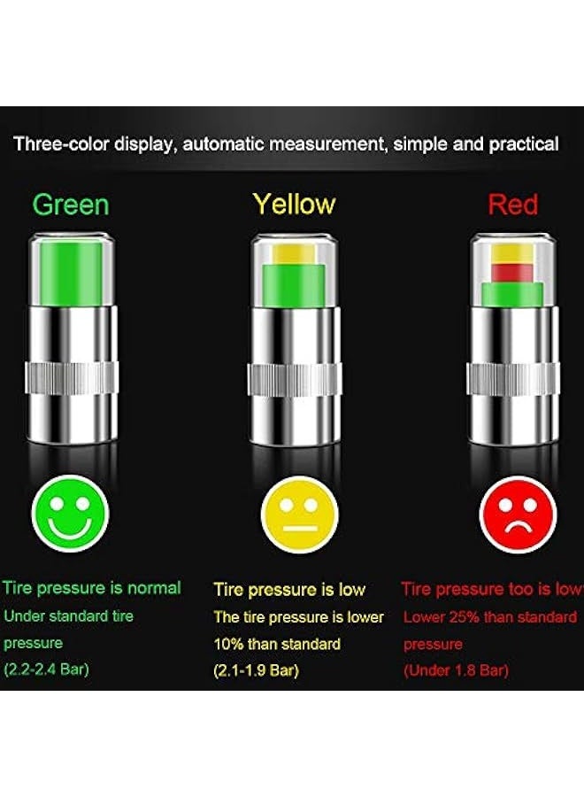 غطاء صمام ضغط إطارات السيارة 4 قطع، تحذير أمان بمؤشر استشعار 3 ألوان، غطاء غبار صمام الإطارات، أغطية صمامات هواء، أغطية مضادة للسرقة مع صواميل ومفتاح - Image 3