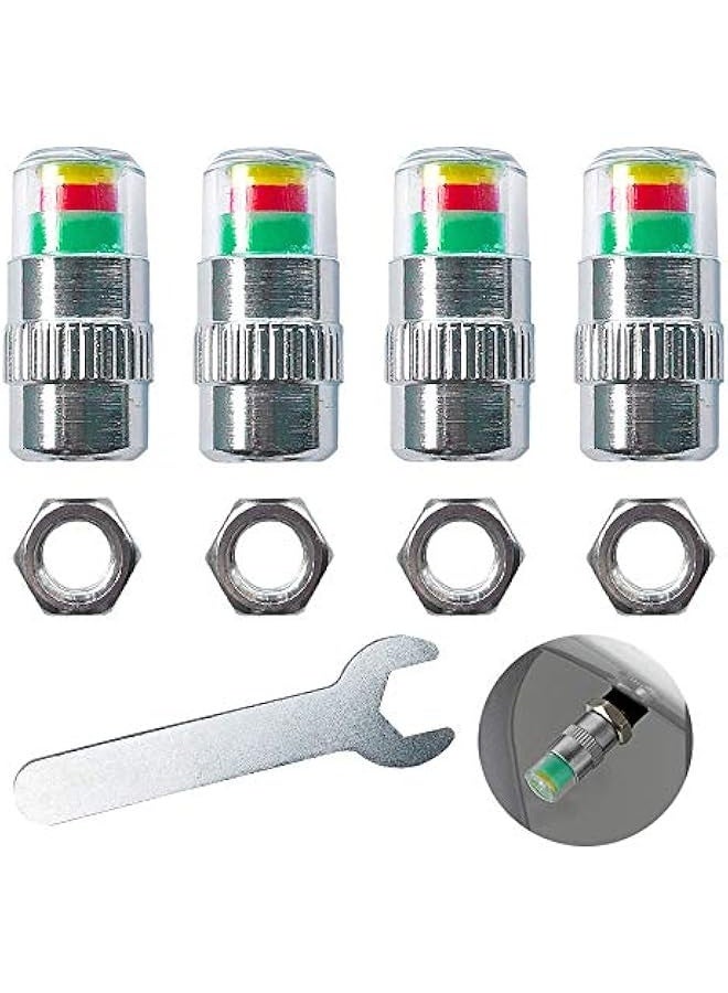 غطاء صمام ضغط إطارات السيارة 4 قطع، تحذير أمان بمؤشر استشعار 3 ألوان، غطاء غبار صمام الإطارات، أغطية صمامات هواء، أغطية مضادة للسرقة مع صواميل ومفتاح - Image 1