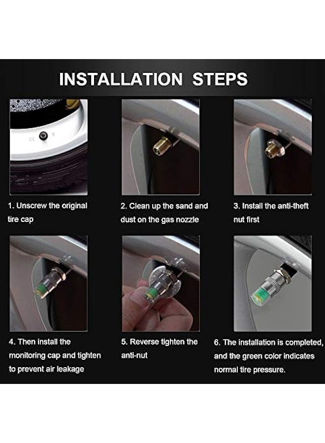 غطاء صمام ضغط إطارات السيارة 4 قطع، تحذير أمان بمؤشر استشعار 3 ألوان، غطاء غبار صمام الإطارات، أغطية صمامات هواء، أغطية مضادة للسرقة مع صواميل ومفتاح - Image 5