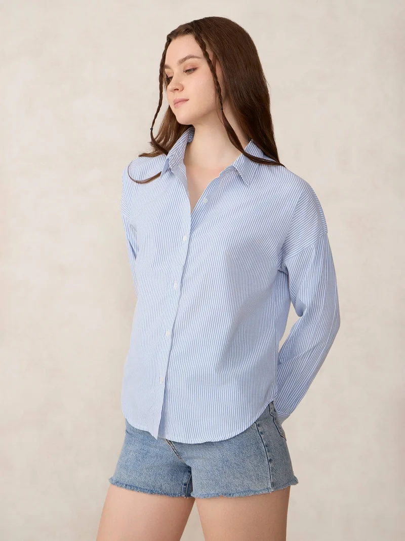 Outzidr  Blue Oversized Drop Shoulder Stripe Shirt  | Best Price UAE