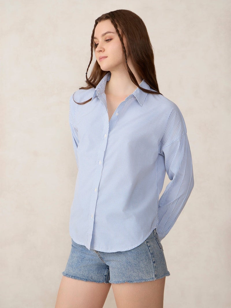 OUTZIDR Blue Oversized Drop Shoulder Stripe Shirt - Image 4