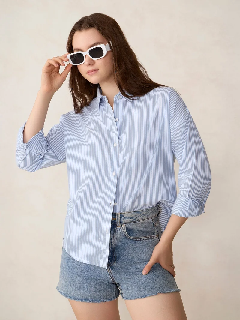 Outzidr  Blue Oversized Drop Shoulder Stripe Shirt  | Best Price UAE