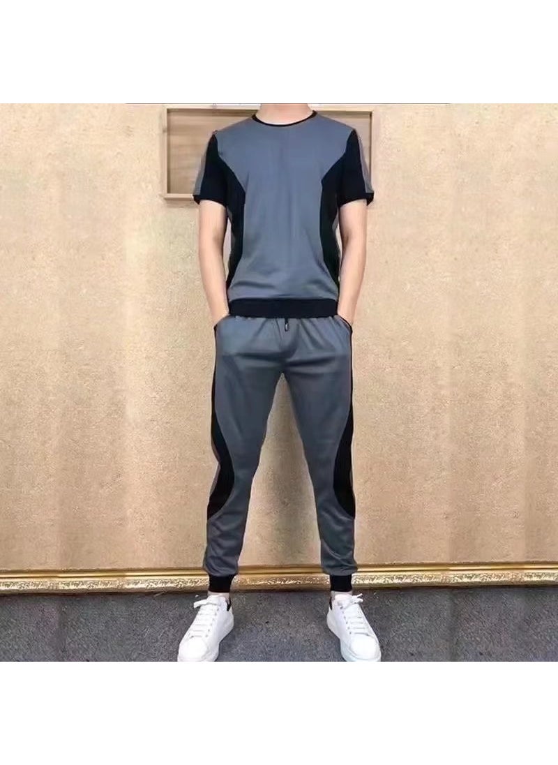 Generic Trendy Stretch Thin Sportswear Mens suit Ice Cool One-suit Mens All-match Classic Summer Cropped Pants Grey 