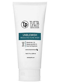 tutta la pelle Exfoliating Face Wash Glycolic Acid 2% Salicylic Acid 2% Medicated Unblemish Cleanser Aha Bha Acne Wash With Calming Green Tea Oil Free Helps For Acne Oiliness Blackheads Cystic Acne 6.7 Fl Oz  - Image 1