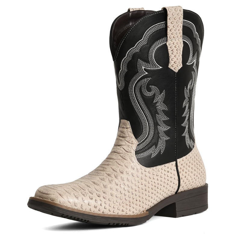 IUV Cowboy Boots for Men Faux Snake Skin Embroidered Western Boots Slip Resistant Square Toe Pull on Mid Calf Cowboy Boot - Image 1