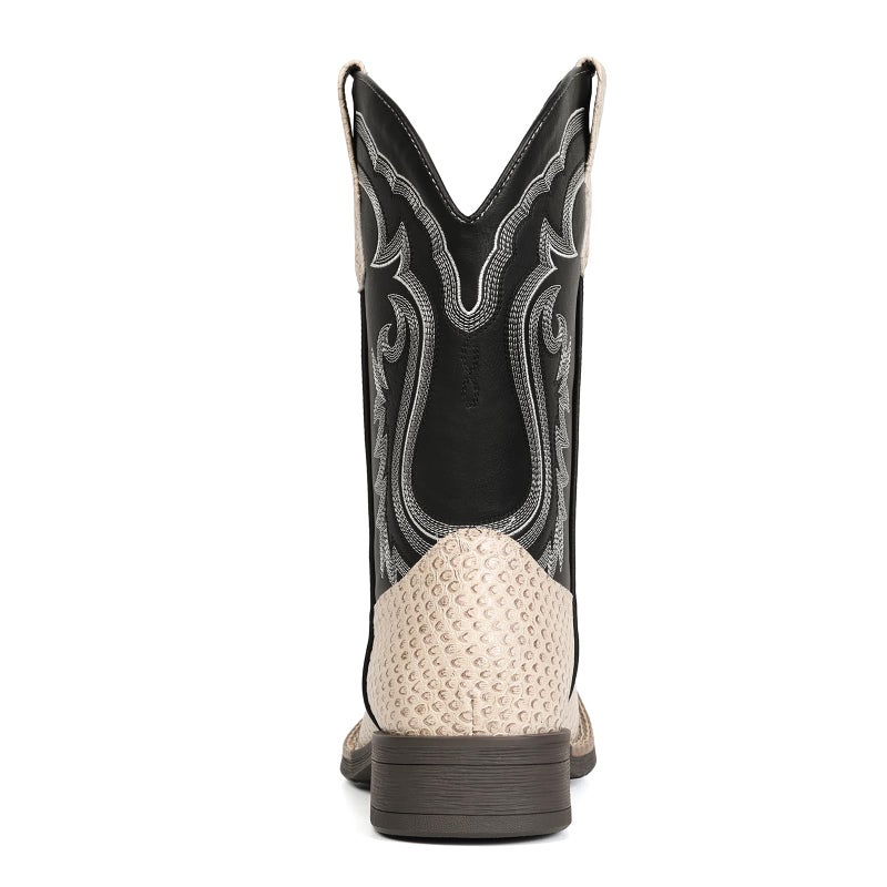 IUV Cowboy Boots for Men Faux Snake Skin Embroidered Western Boots Slip Resistant Square Toe Pull on Mid Calf Cowboy Boot - Image 5