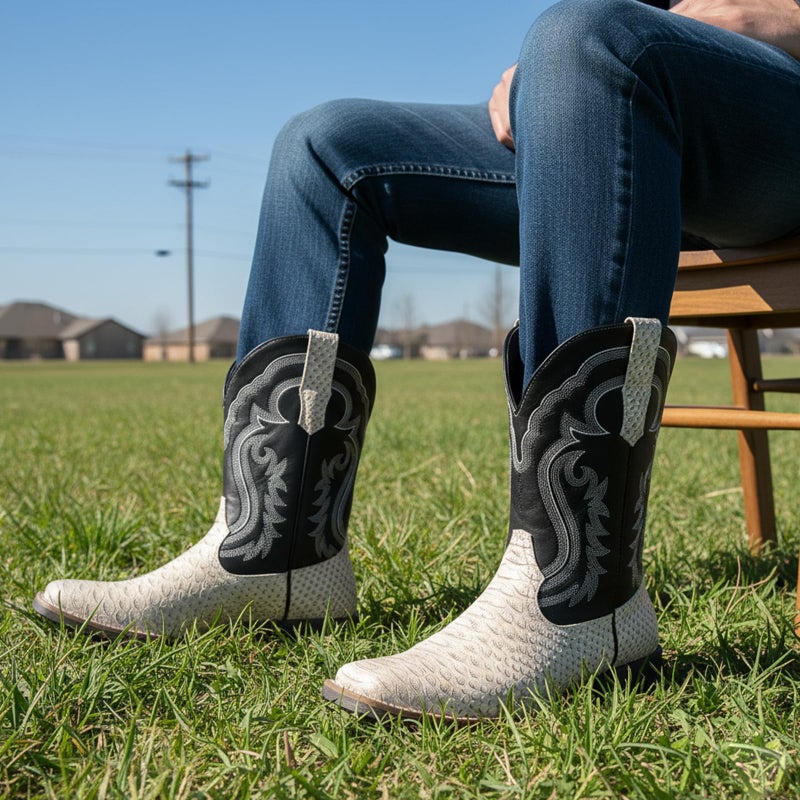 IUV Cowboy Boots for Men Faux Snake Skin Embroidered Western Boots Slip Resistant Square Toe Pull on Mid Calf Cowboy Boot - Image 3