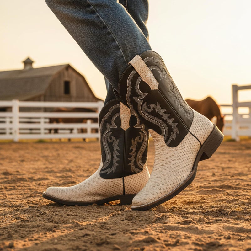 IUV Cowboy Boots for Men Faux Snake Skin Embroidered Western Boots Slip Resistant Square Toe Pull on Mid Calf Cowboy Boot - Image 2