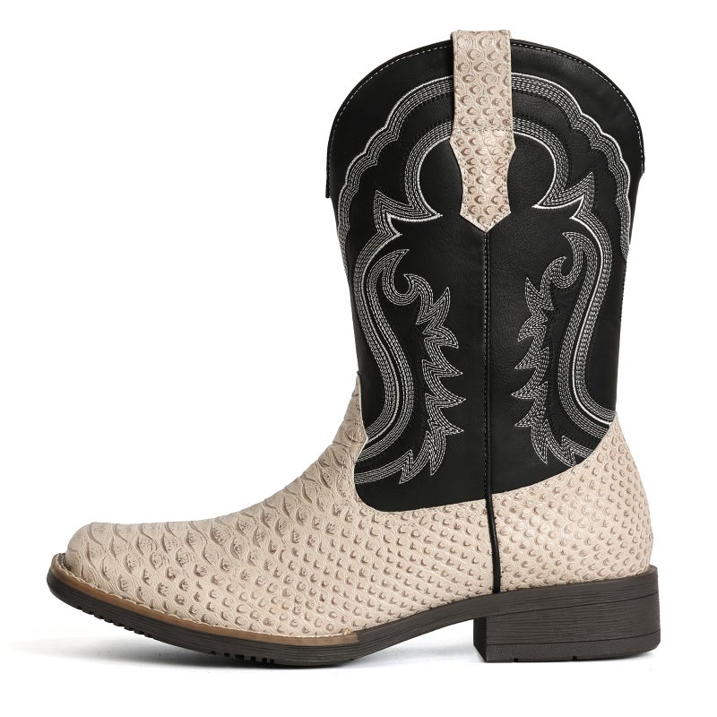 IUV Cowboy Boots for Men Faux Snake Skin Embroidered Western Boots Slip Resistant Square Toe Pull on Mid Calf Cowboy Boot - Image 4
