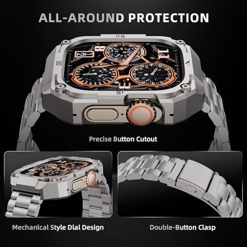 PanPinnacle Casual Stainless Steel Case with Band Compatiable for 49mm Apple Watch Ultra Bands for Men,Metal Apple Watch Bumper Case Cover with Strap for iWatch Band Ultra 3/2/1,Titanium - Image 4