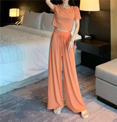 European station 2021 summer fashion suit Womens Western style short top Internet celebrity wide leg pants fashion casual two-piece suit Orange Red - Image 1