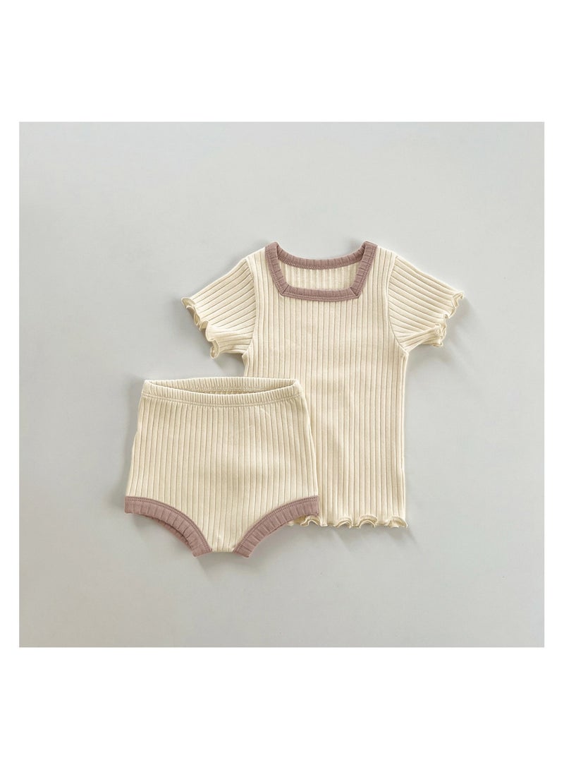 Baby Soft Breathable Cotton Short Sleeve T-shirt + Briefs Beige Two-piece Set - Image 1