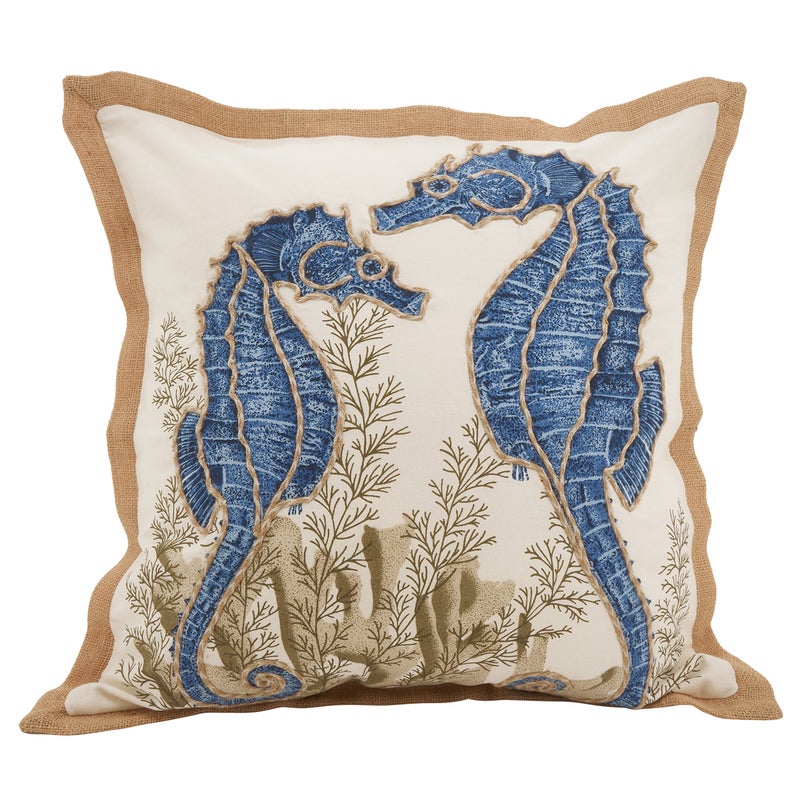 SARO LIFESTYLE Neptunian Coastal Throw Pillow â€“ 20â€ x 20â€, Woven Cotton Cover with Jute Trim, Zipper Closure, Down & Feather Insert â€“ Seahorse, Navy Blue - Image 1